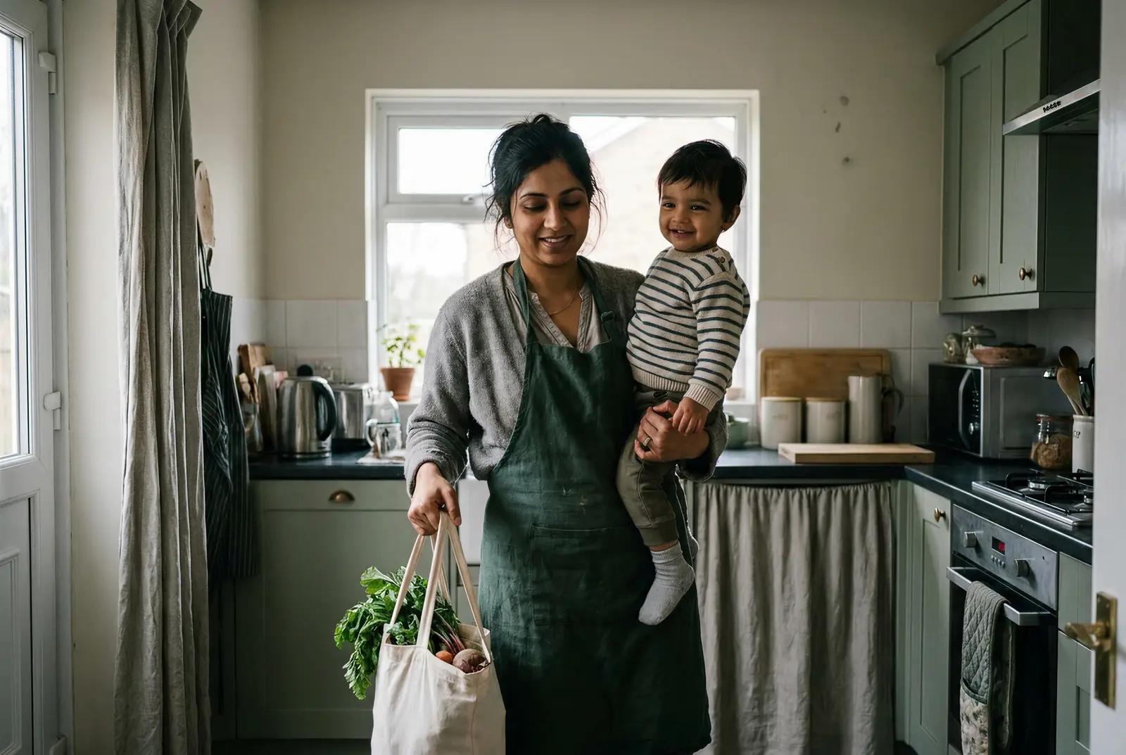 A woman lifting a small child in her kitchen